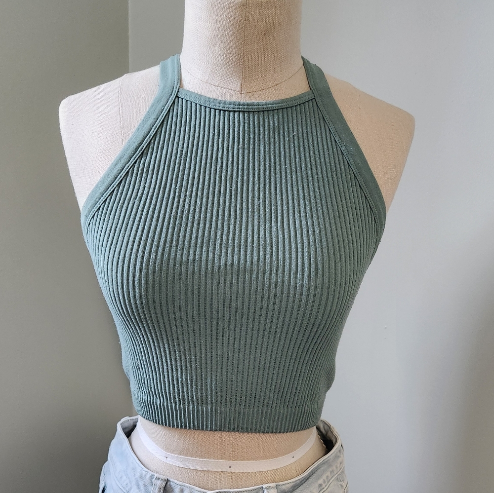 Green Ribbed Halter Top